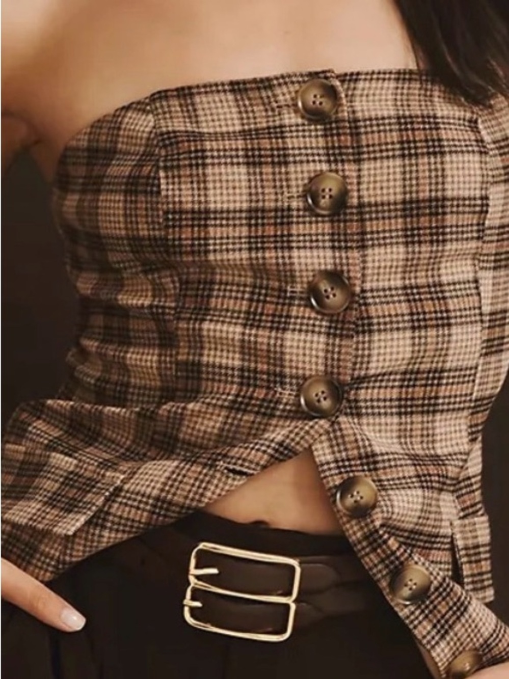 Anthropologie/flat white Plaid Strapless Button-Up Top - Brown & Cream